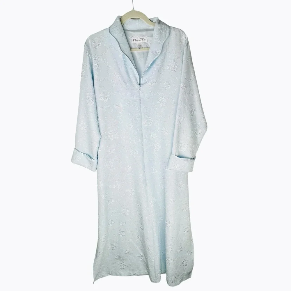 Vintage Oscar De La Renta Blue House Coat Robe Medium 1/2 Zip Cuff‎ Long Sleeve